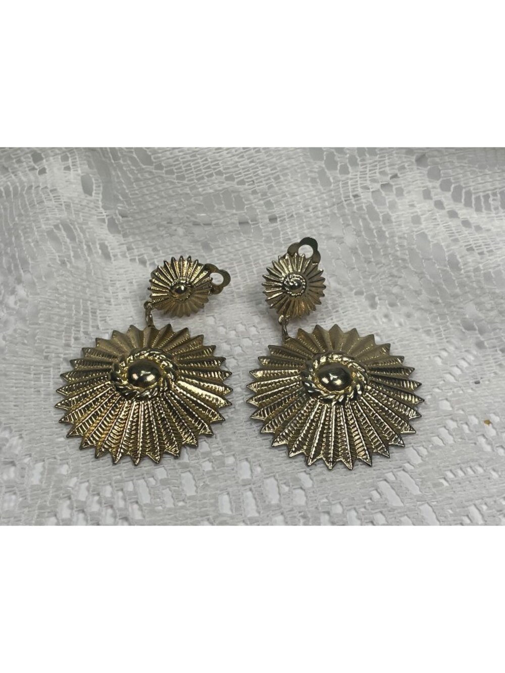 Vintage 1980s gold-tone statement earrings, pleated sunburst medallion design wi